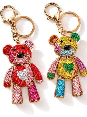 Rhinestone Patchwork Teddy Bear Metal Keychain